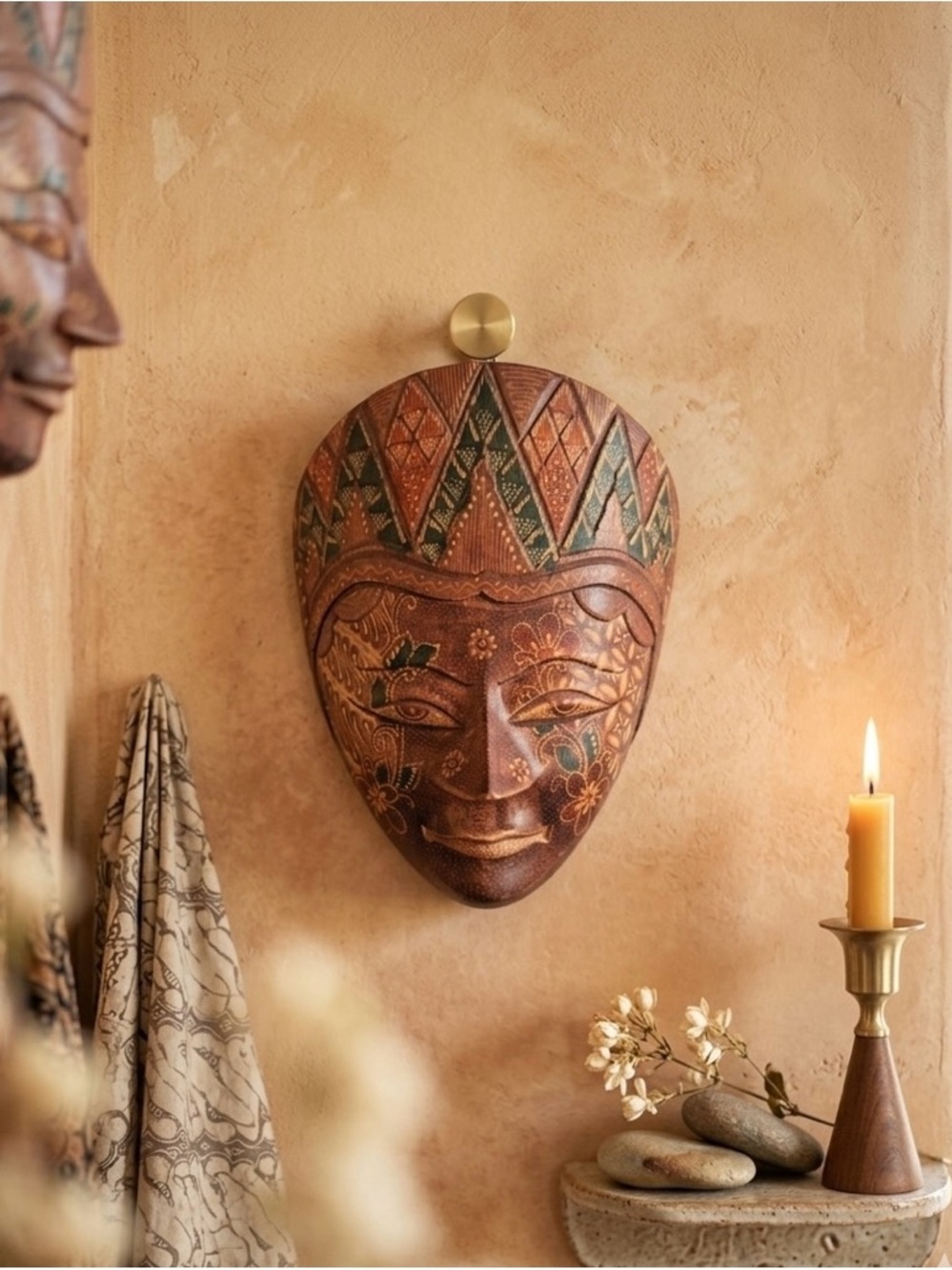 Vintage Hand-Carved Indonesian Batik Wood Mask